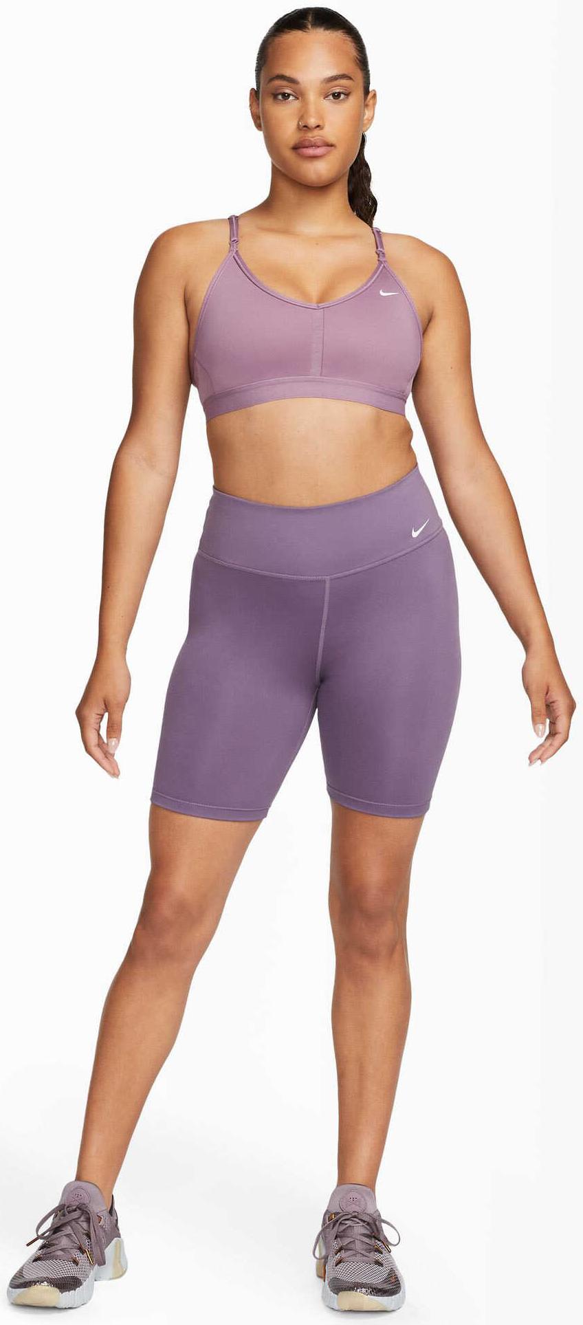 Nike Yoga Indy Luxe Light Support Lace Sports Bra In Smokey Mauve